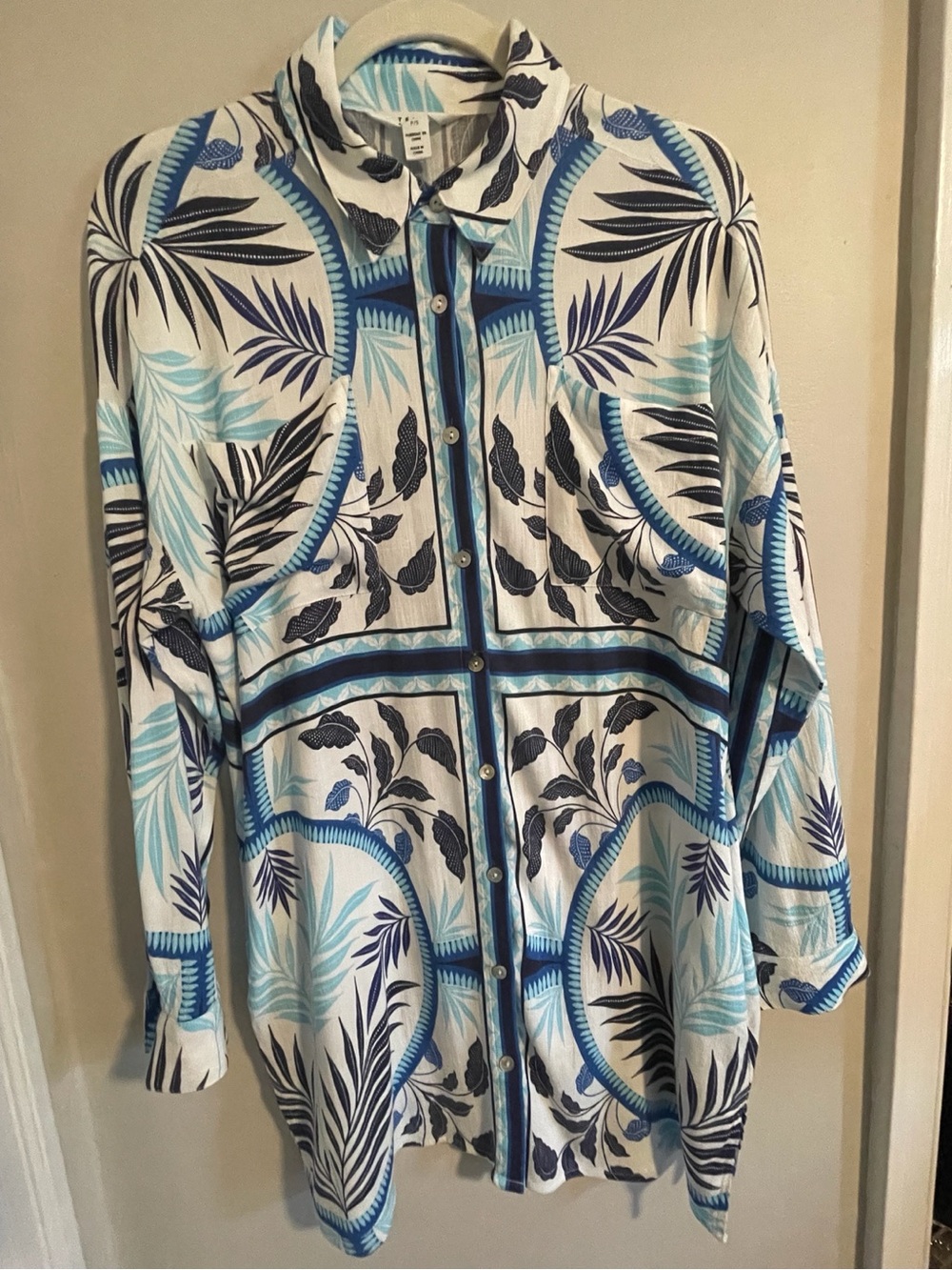 Tribal Sport P/S Blue White Botanical Print Long Shirt Roll Tab Sleeves